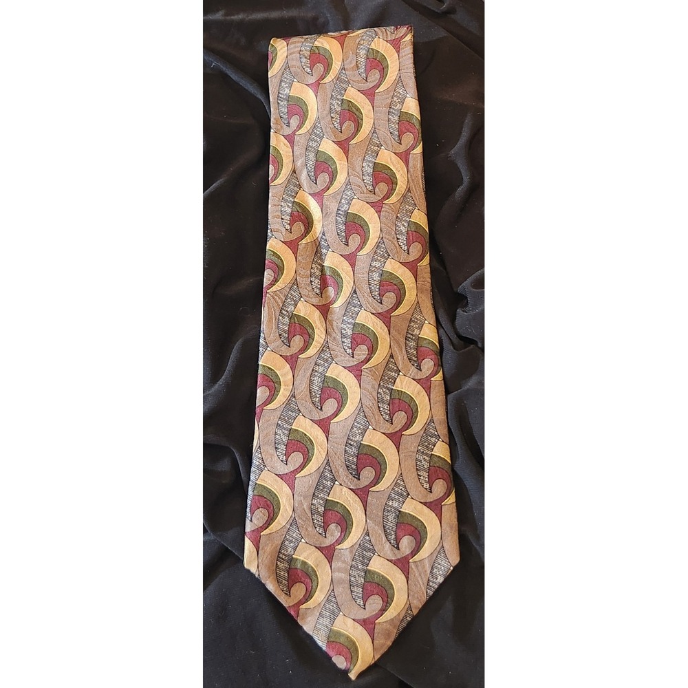 Ziggurat Mulberry Neckwear Tie Mens Retro Brown Silk Swirl Geometric Excellent